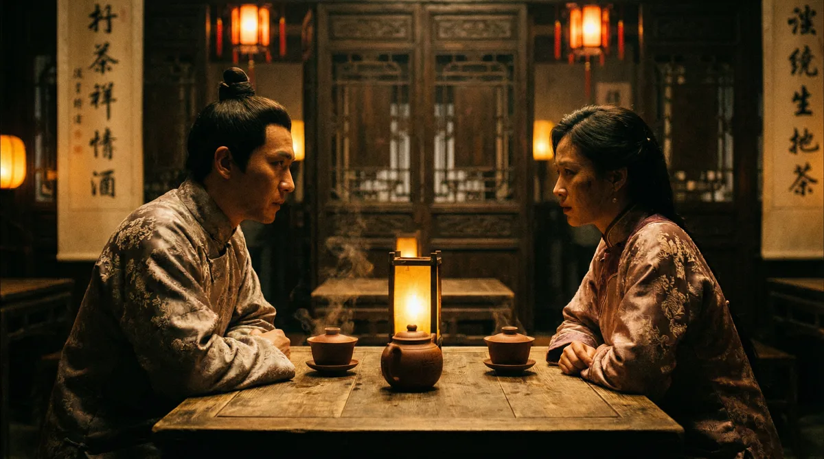 国产古装剧情片拍摄剧照-茶馆对话场景