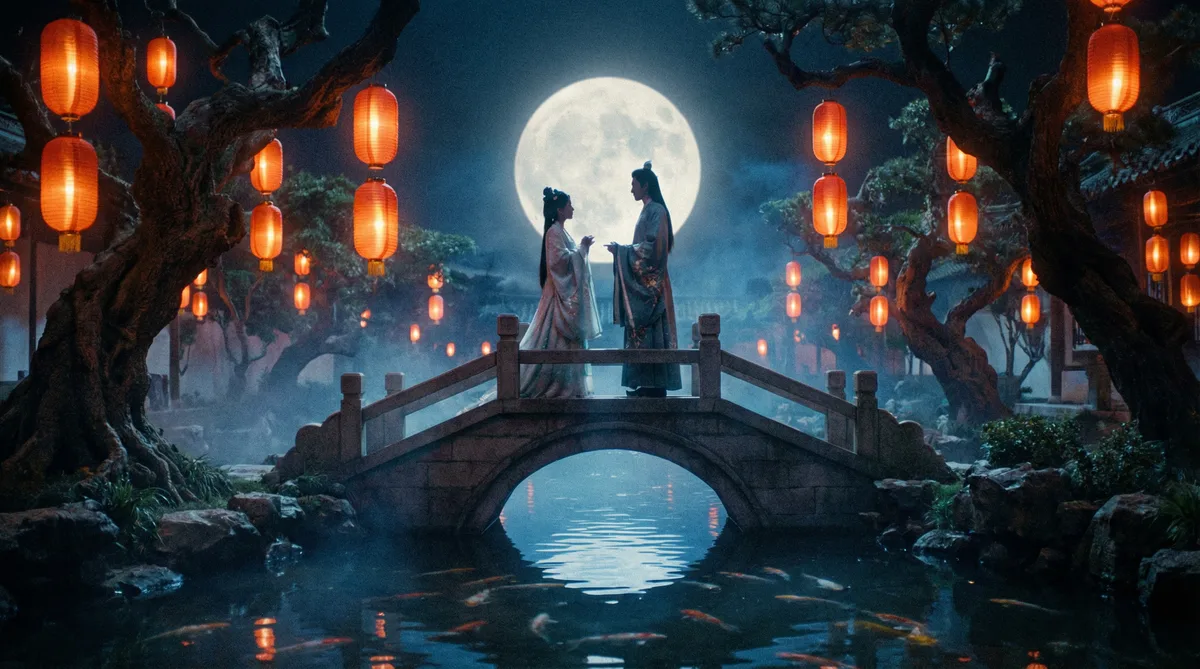 国产古典爱情片拍摄剧照-月下花园场景